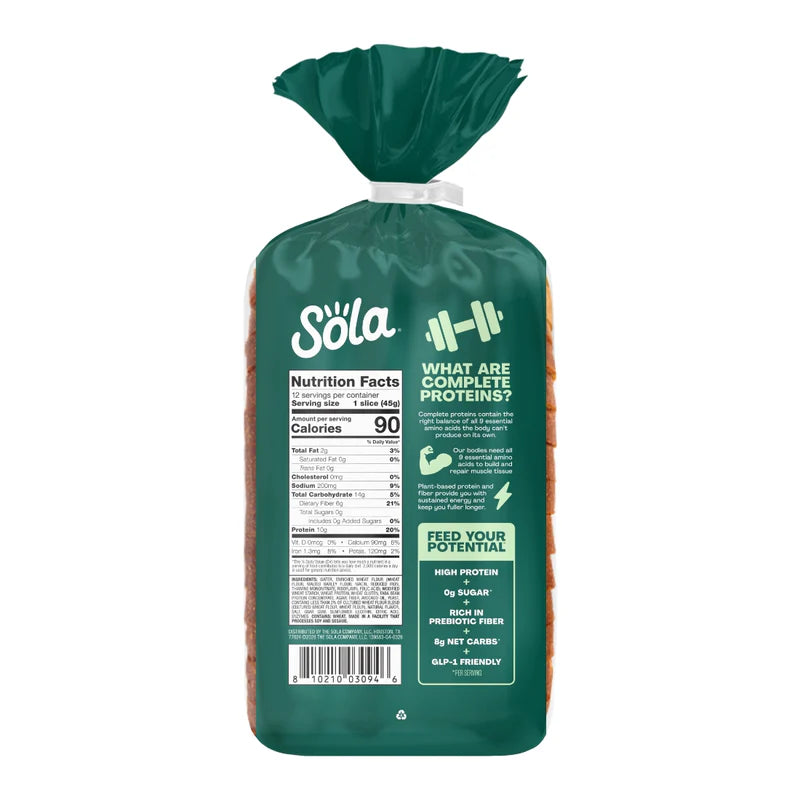 A green bag of Sola bread displays nutrition facts, highlighting 90 calories per slice, with text about complete proteins and benefits like high protein and low sugar.