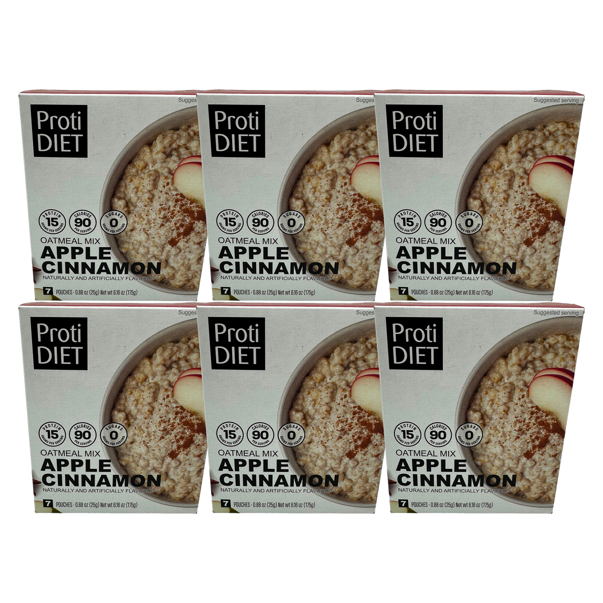 Six boxes of Proti DIET Apple Cinnamon oatmeal mix are stacked together, each featuring a bowl of oatmeal topped with apple slices and cinnamon, highlighting the product's nutritional information.