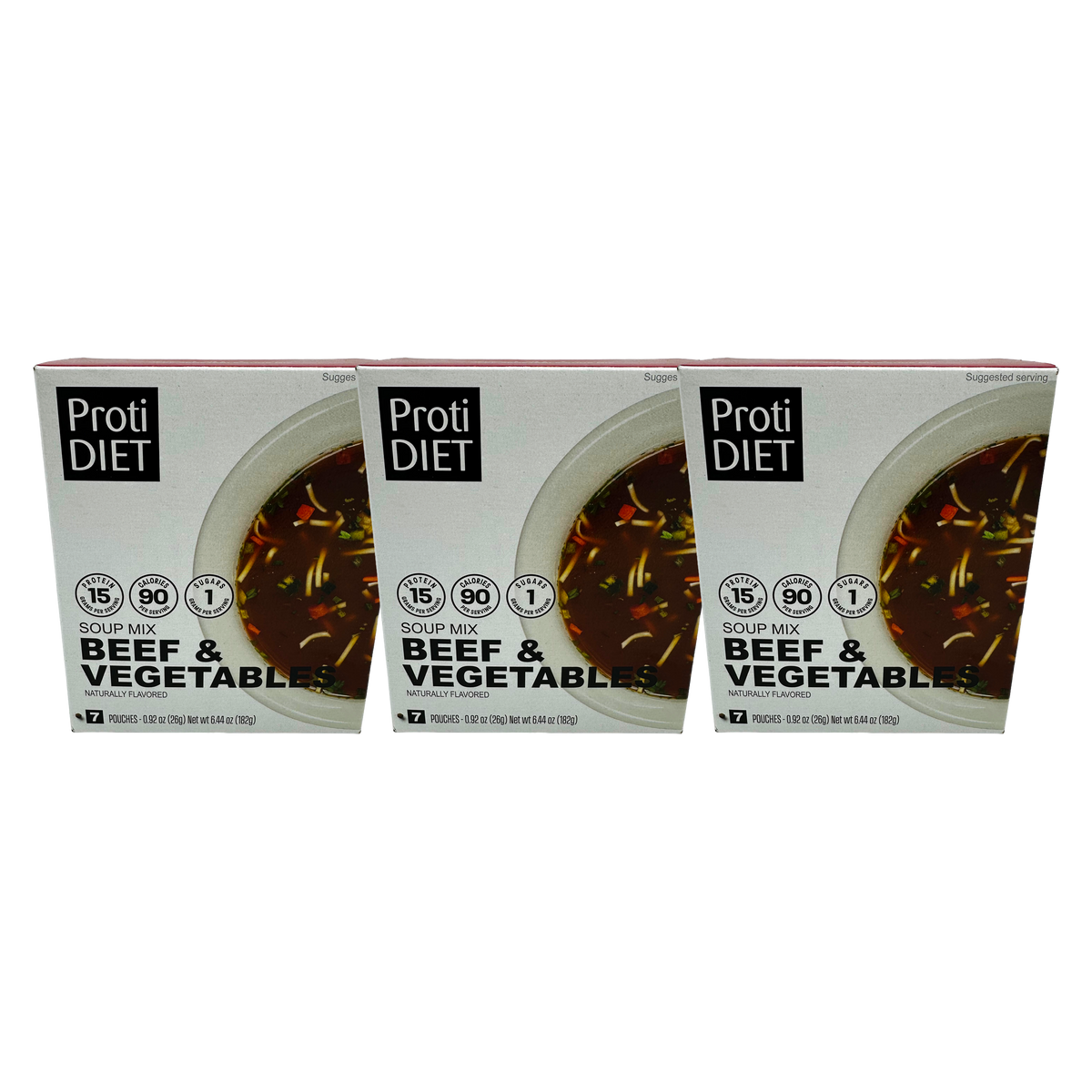 Three boxes of ProtiDiet Beef & Vegetable soup mix are displayed, featuring a bowl of soup on the front with colorful vegetables, highlighting nutritional information and serving suggestions.