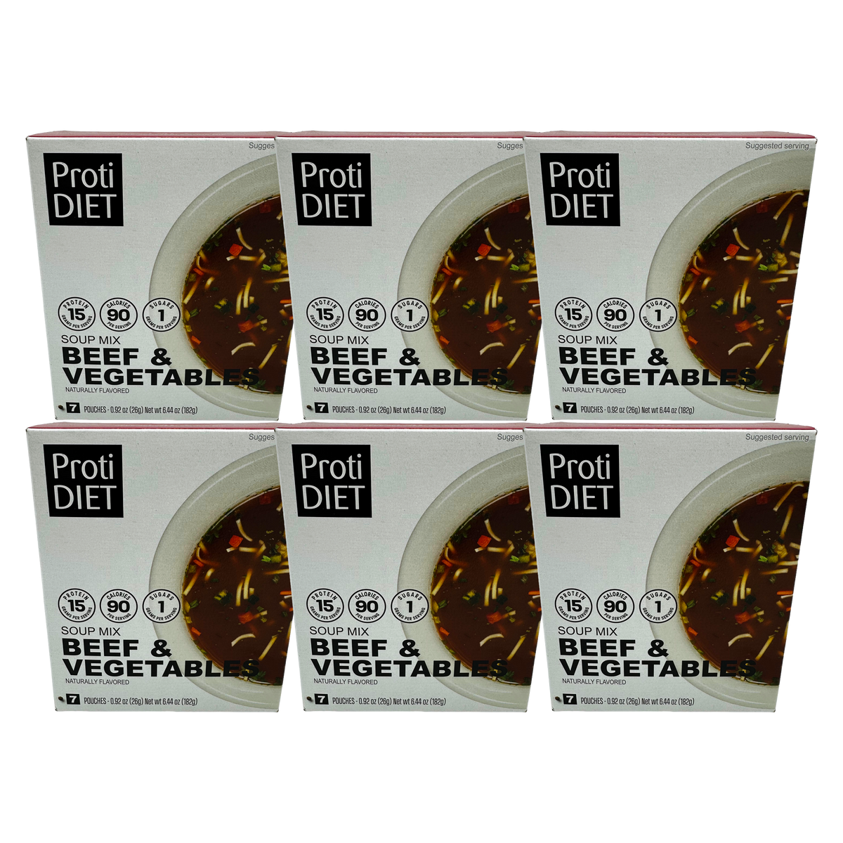 Six boxes of ProtiDIET Beef and Vegetable soup mix are stacked together, featuring a bowl of soup on the front, highlighting nutritional information and serving suggestions.