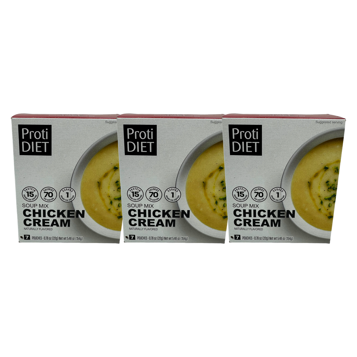 Three boxes of ProtiDiet Chicken Cream Soup Mix are displayed, each featuring a bowl of creamy soup with herbs, highlighting nutritional information and serving suggestions on the packaging.