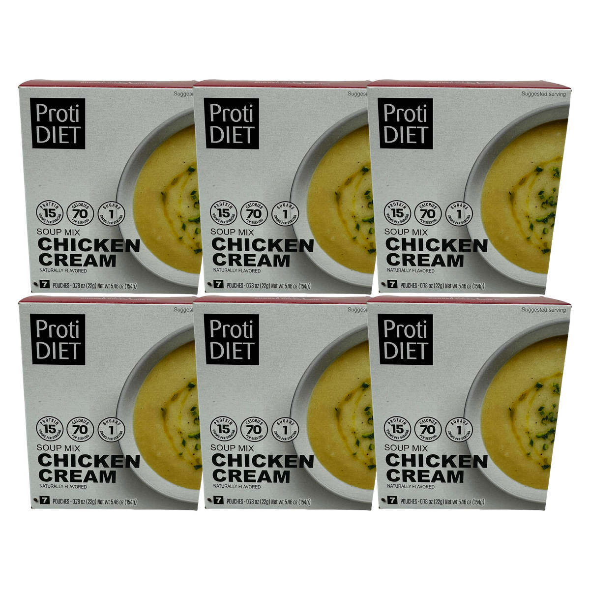 Six boxes of ProtiDIET Chicken Cream Soup Mix are stacked together, each featuring a bowl of creamy soup on the front and details about serving size and nutritional information.