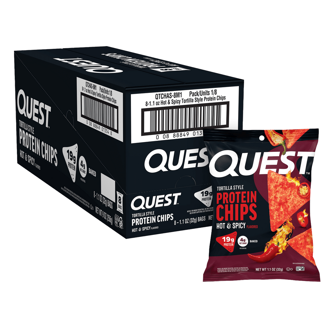 A box of eight 1.1-ounce bags of Quest Hot & Spicy Tortilla Style Protein Chips is displayed, with one bag partially visible, highlighting the product's protein content and spicy flavor.