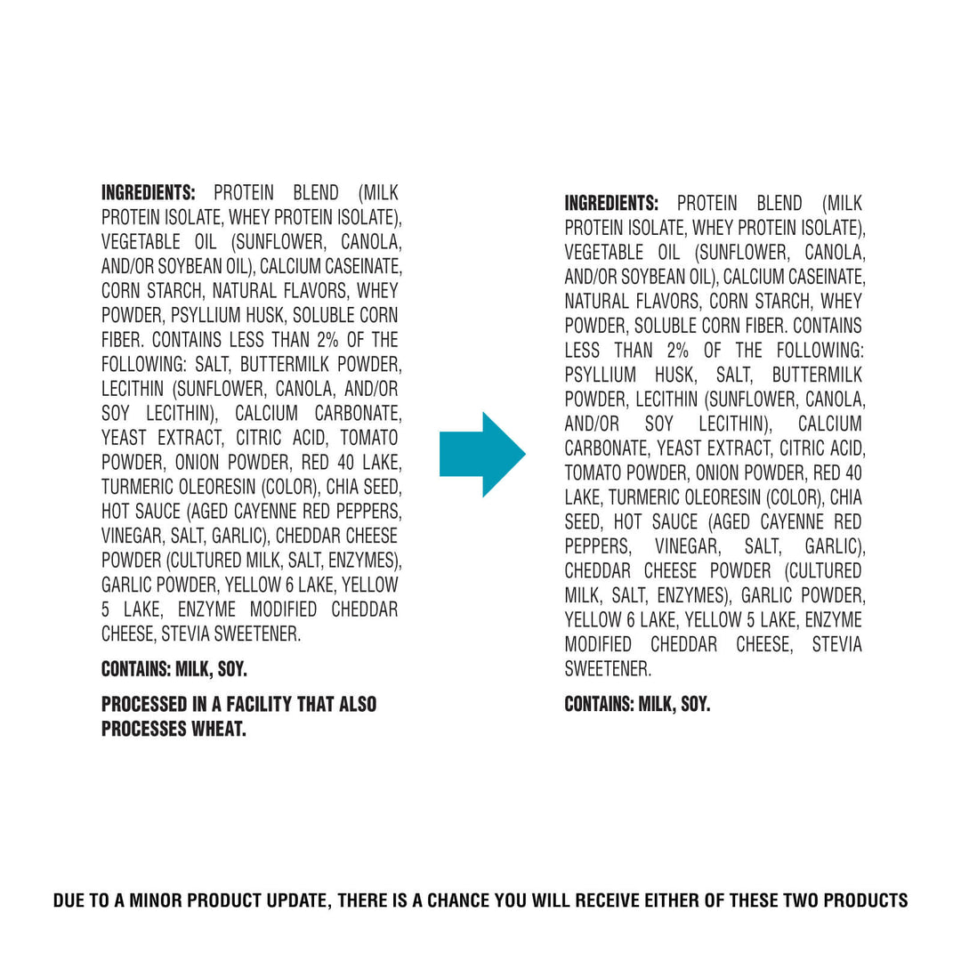 A side-by-side comparison of two product ingredient lists highlighting protein blends and additives, with a note about a possible product update affecting packaging.