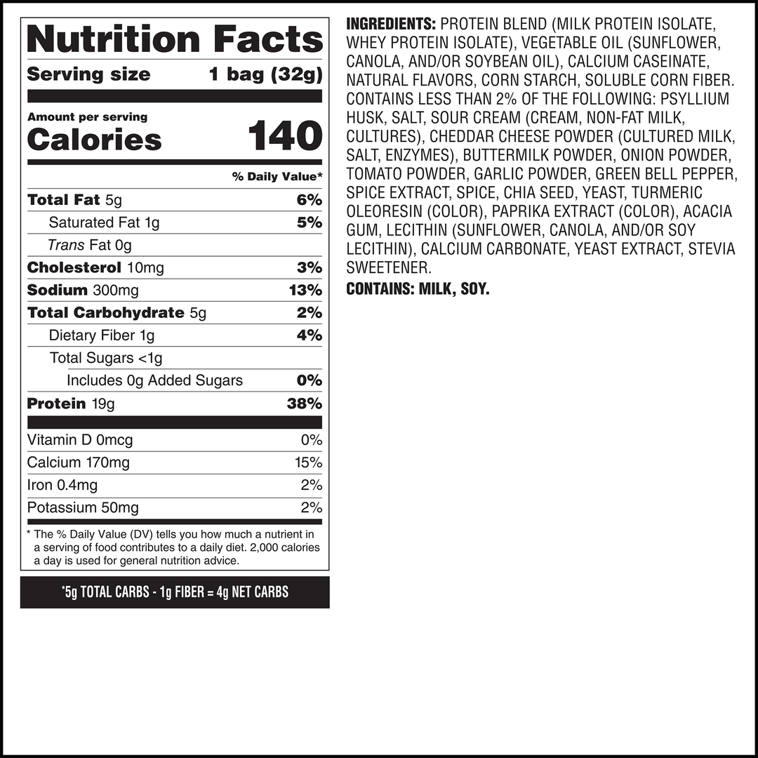 Nutrition facts label for a protein product, detailing serving size, calories, and nutrient content including protein, fats, carbohydrates, and various vitamins and minerals.
