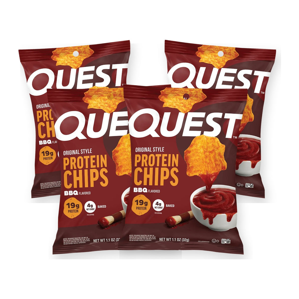 Four bags of Quest BBQ-flavored protein chips are displayed, each highlighting 19 grams of protein and 4 grams of net carbs, with a chip being dipped into a bowl of BBQ sauce.
