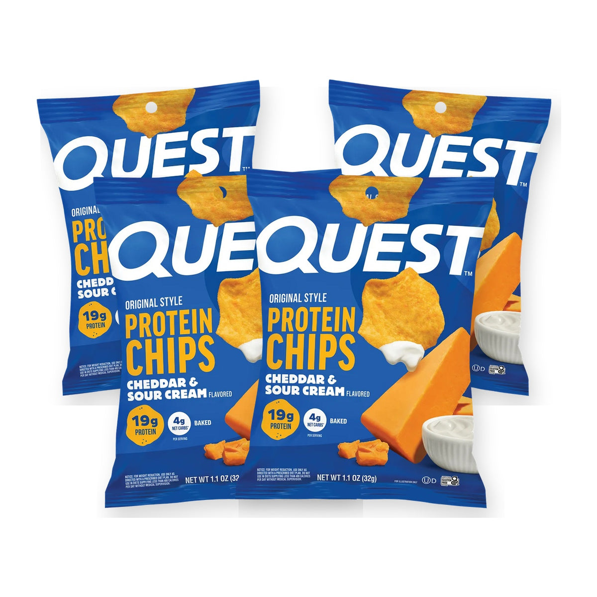Four bags of Quest Protein Chips in Cheddar & Sour Cream flavor are displayed, each highlighting 19 grams of protein and featuring a blue background with images of chips and cheese.