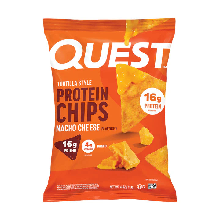 A vibrant orange bag of Quest Tortilla Style Protein Chips, labeled "Nacho Cheese," features images of the chips and highlights 16 grams of protein and 4 grams of net carbs per serving.
