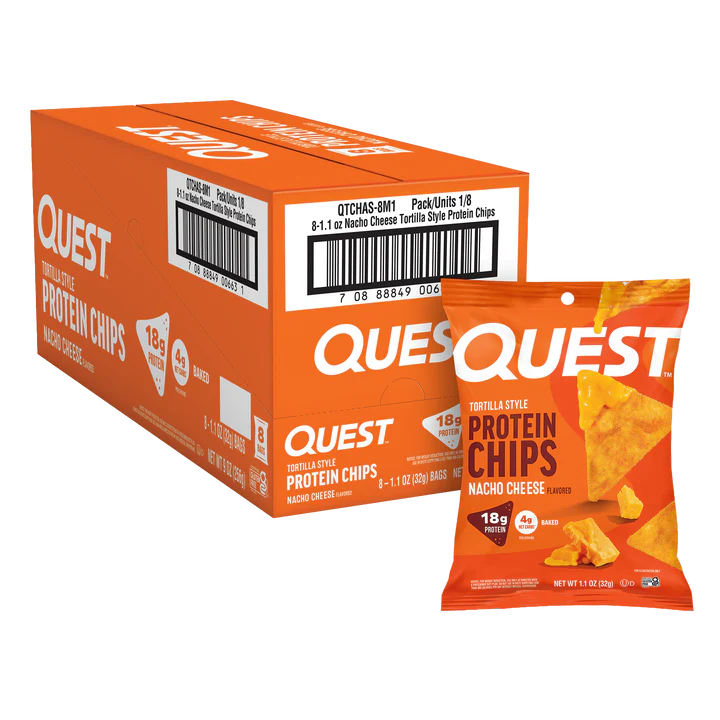 A box of Quest Nacho Cheese Protein Chips displays a vibrant orange design, featuring an open bag of chips with nutritional highlights, emphasizing 18 grams of protein per serving.