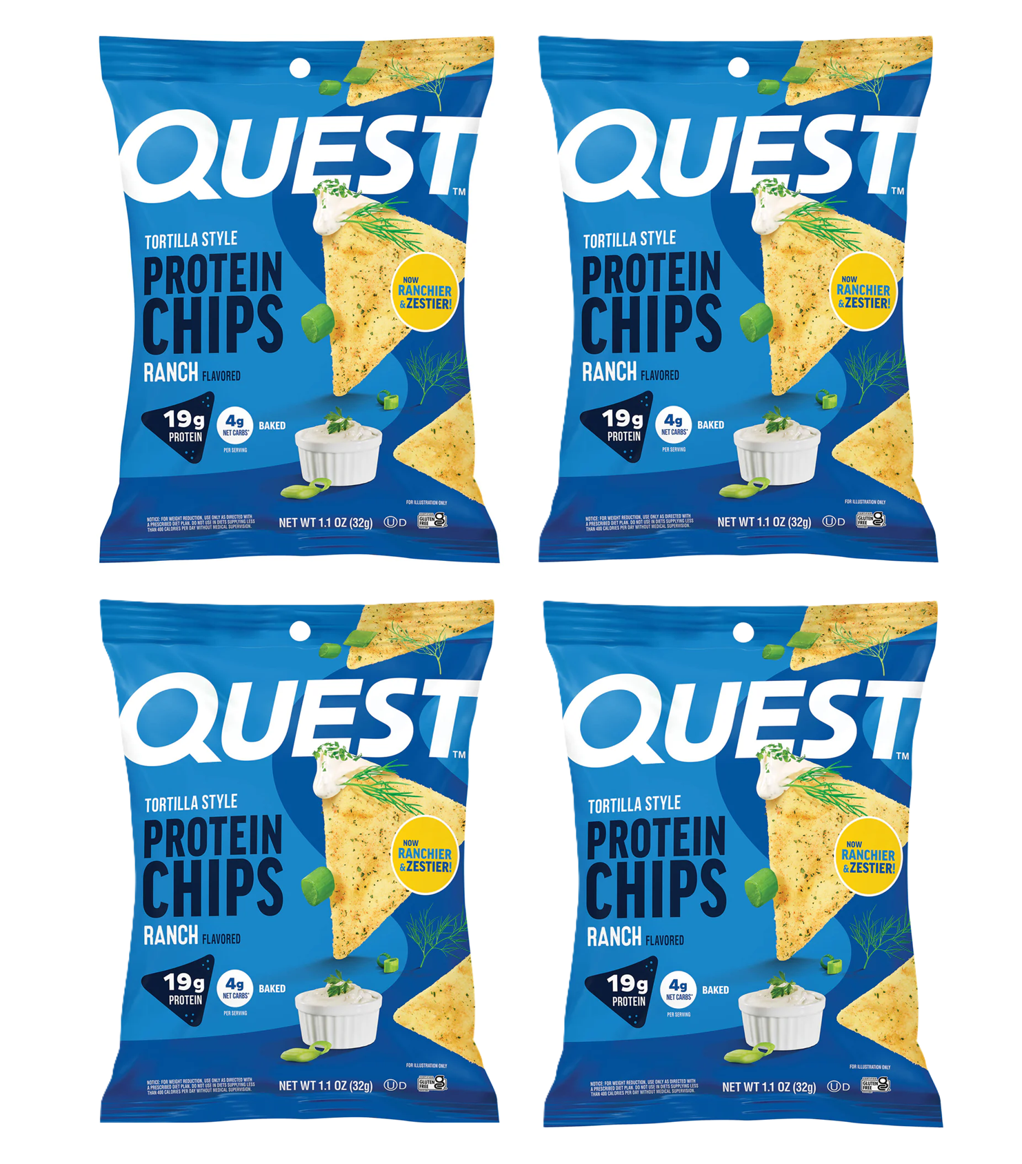 Four bags of Quest Tortilla Style Protein Chips in Ranch flavor are displayed, each featuring a blue background, a chip graphic, and details about protein content and flavor.