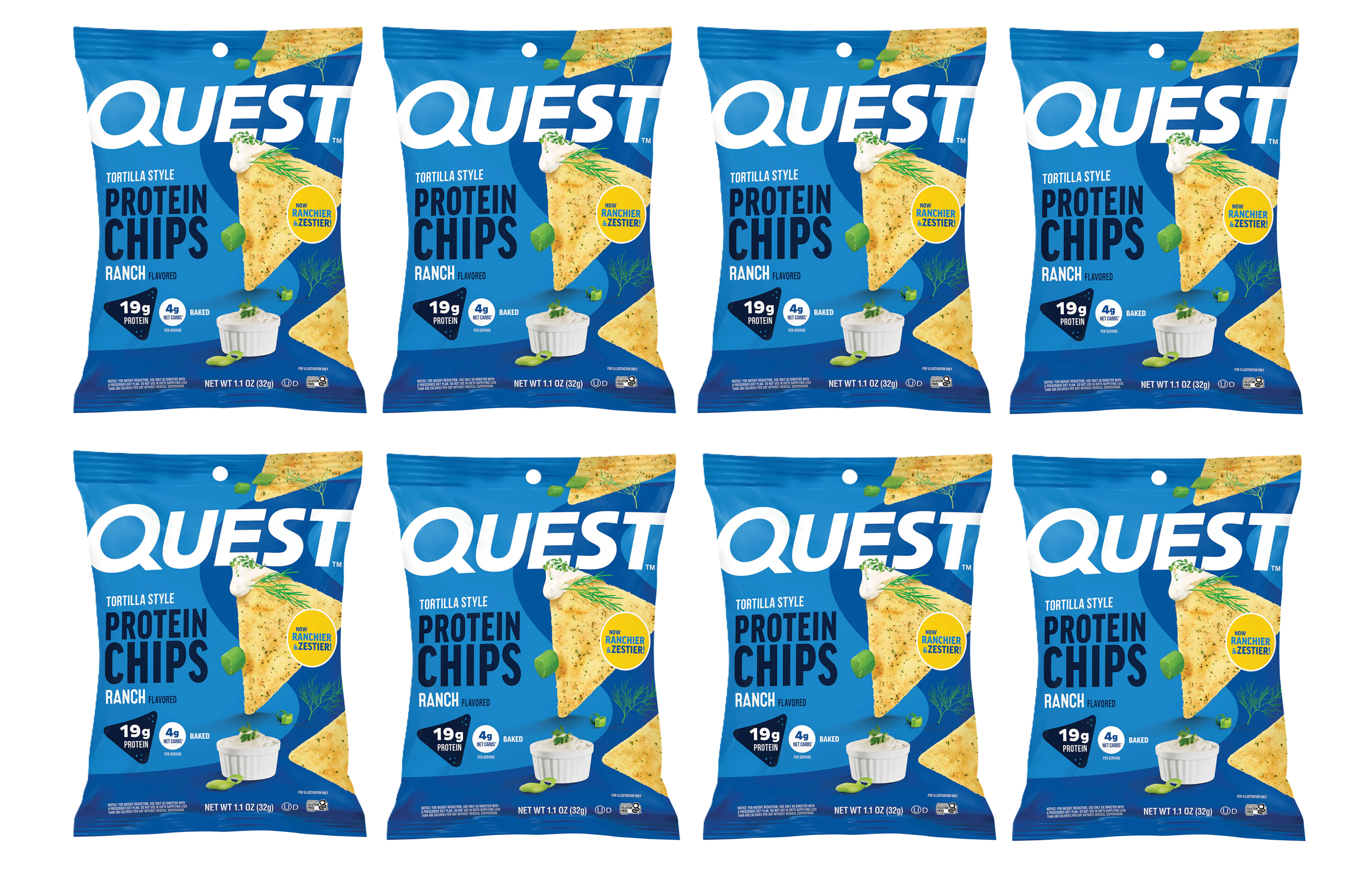 Eight bags of Quest Ranch-flavored protein chips are arranged in two rows, each bag displaying nutritional information and a tortilla chip graphic with a dip container.