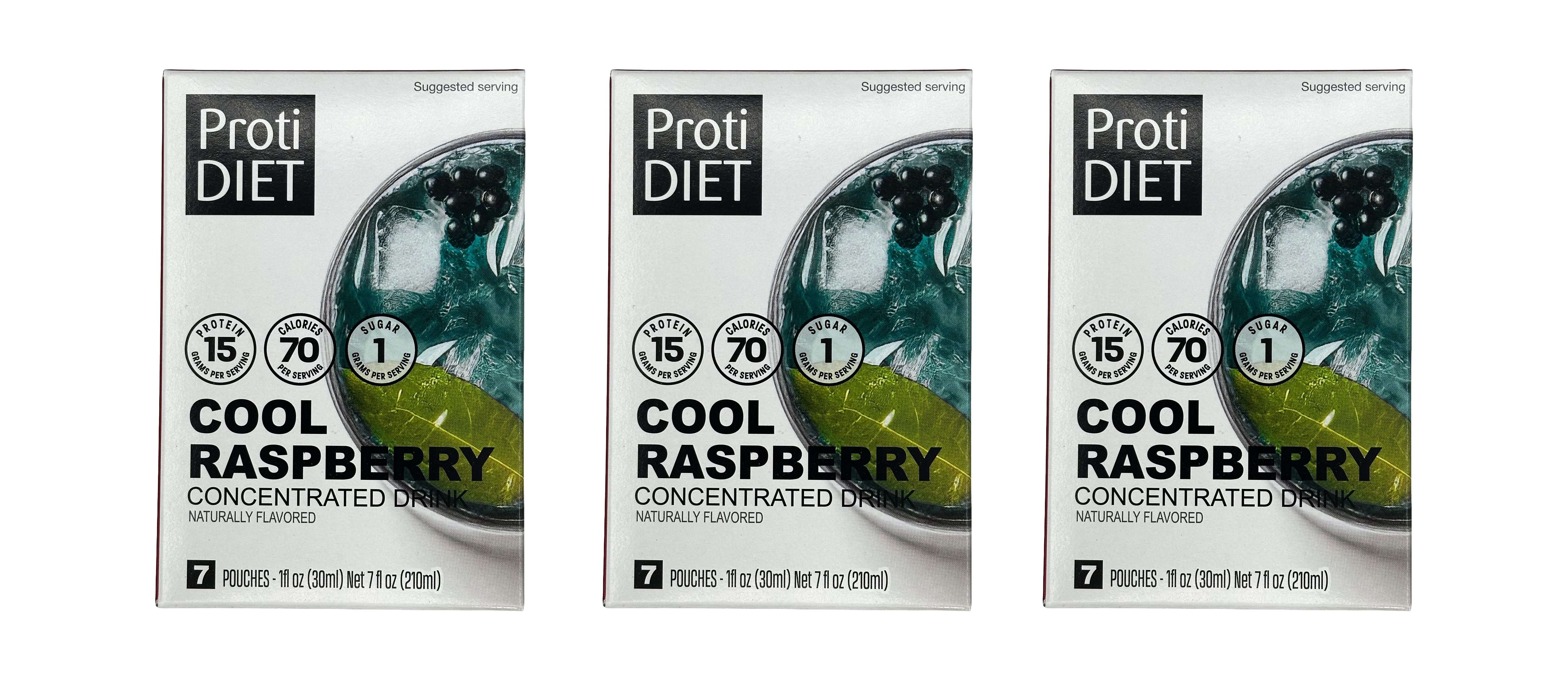 Three boxes of Proti DIET Cool Raspberry concentrated drink mix are displayed, each featuring a vibrant image of the drink with ice and leaves, highlighting nutritional information including protein and calorie content.
