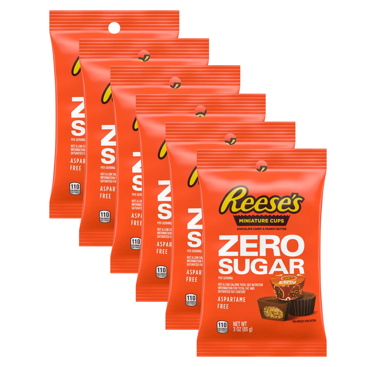Six packages of Reese's Miniature Cups are displayed, featuring bold orange packaging that highlights "Zero Sugar" and "Aspartame Free" labels, emphasizing a low-calorie chocolate and peanut butter treat.