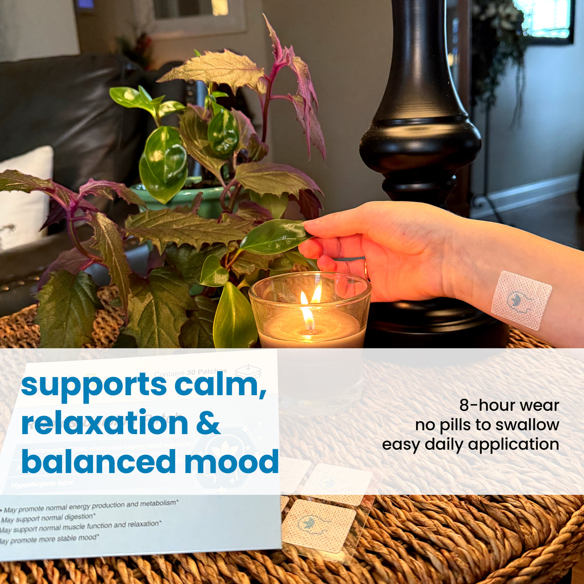 PatchAid Relax & Unwind Patch with GABA to support mood, muscle relaxation and emotional health.