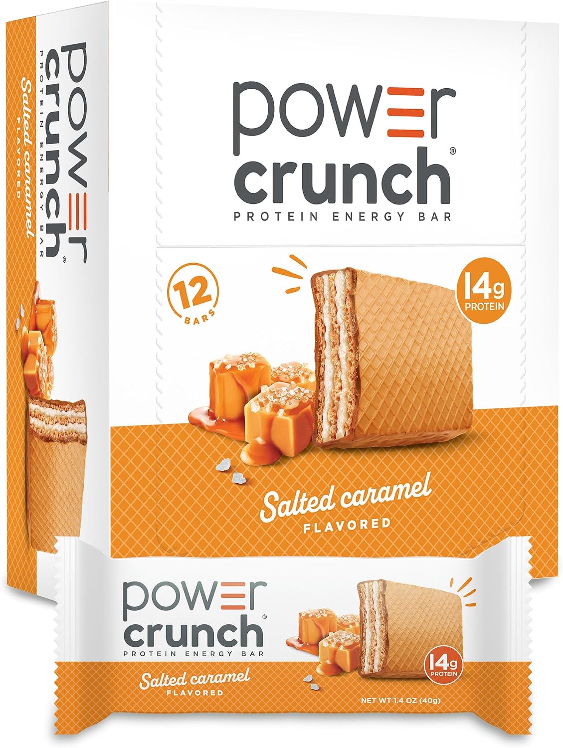 A box of Power Crunch protein energy bars in salted caramel flavor, featuring a close-up of a bar with caramel and salt, highlighting its 14 grams of protein per bar and containing 12 bars in total.
