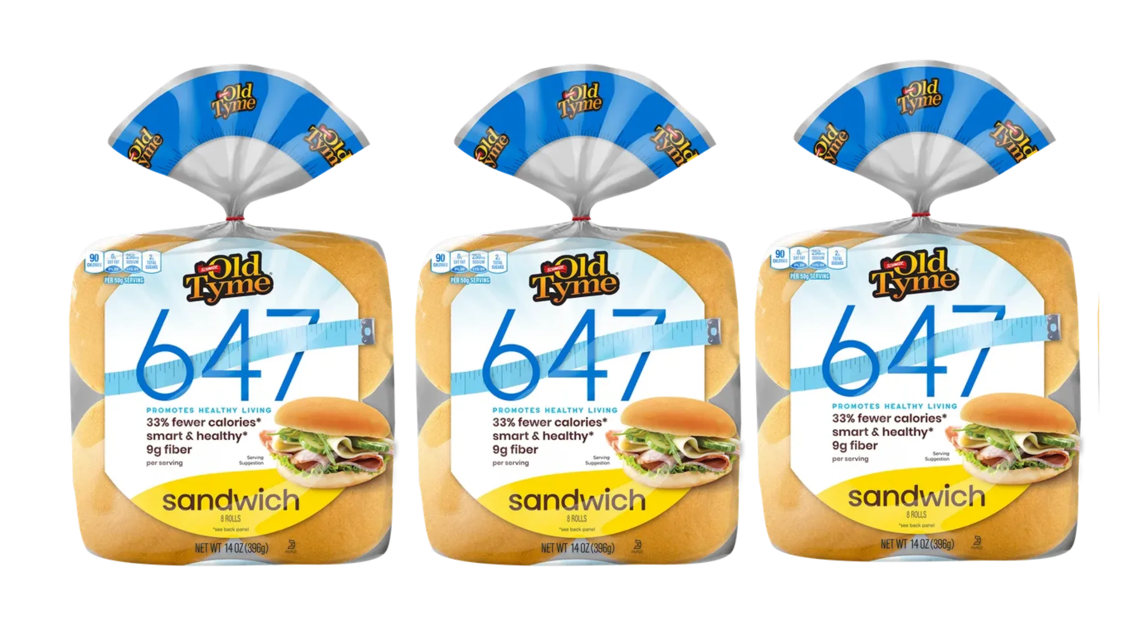 Three packages of Old Tyme sandwich rolls display the label "647," highlighting fewer calories and high fiber content, with a sandwich illustration and a measuring tape graphic for healthy living.