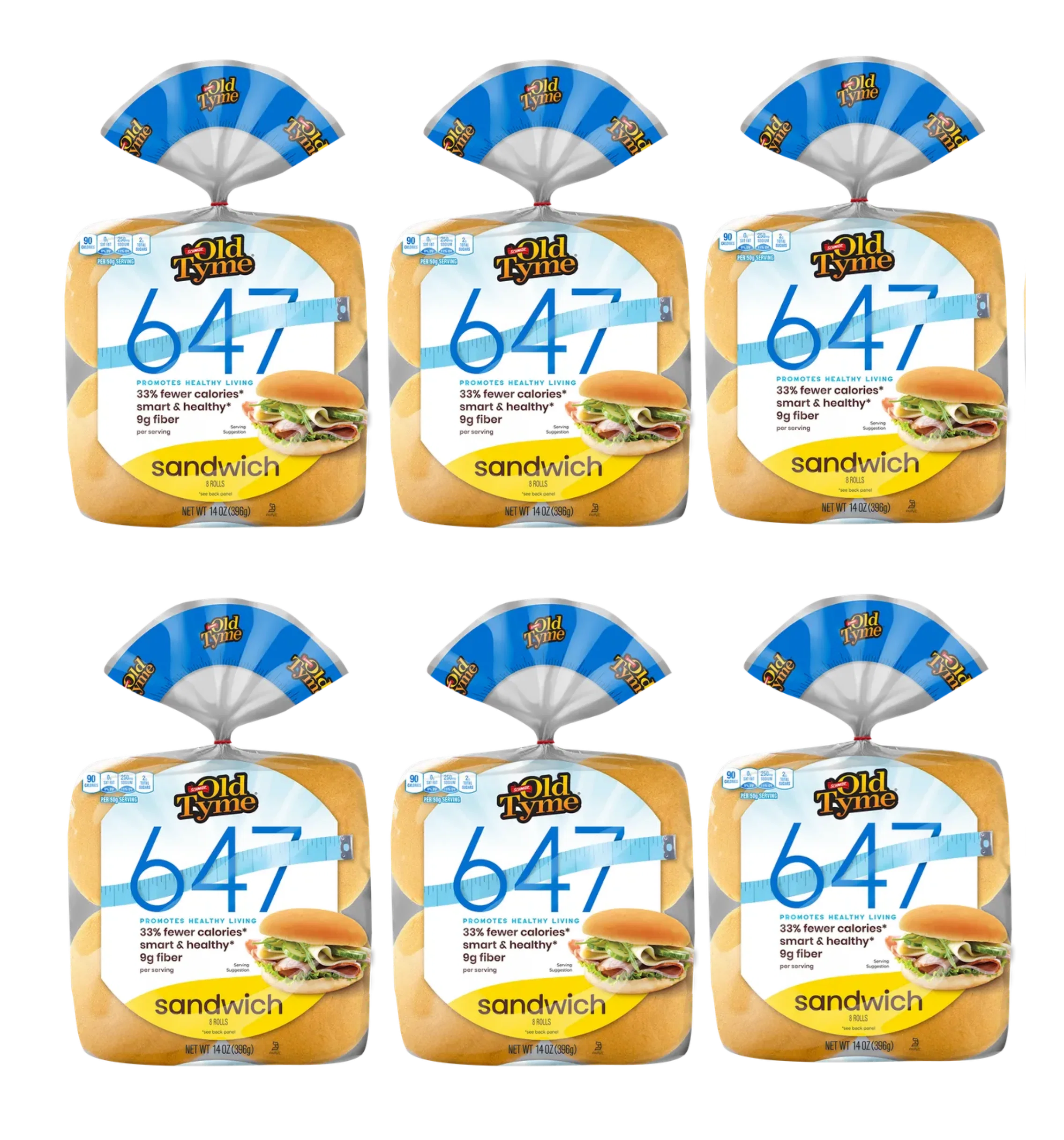 Six packages of Old Tyme 647 sandwich bread are displayed, each featuring a blue and white label with nutritional information highlighting fewer calories and high fiber content.