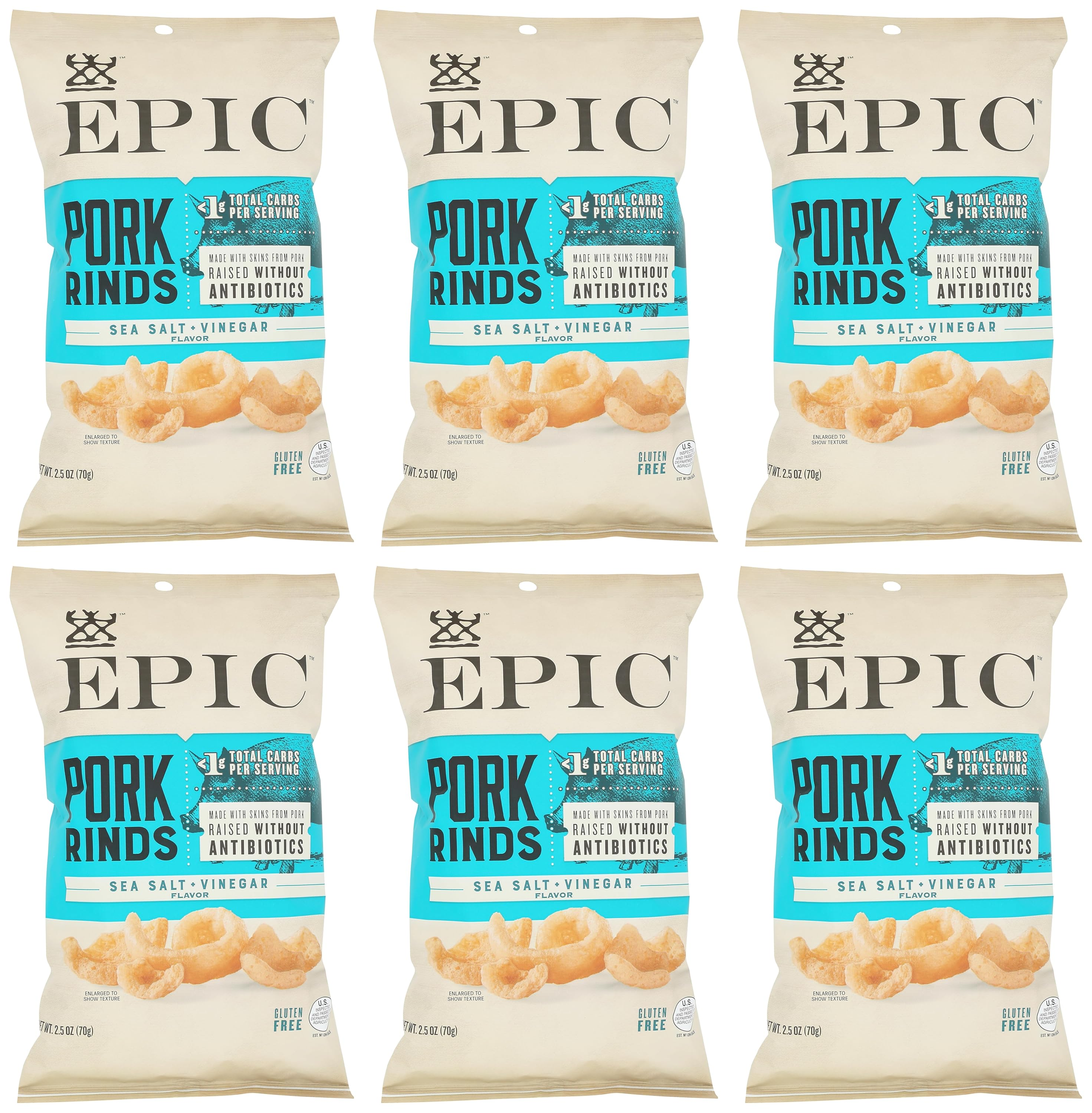Six bags of EPIC Pork Rinds are displayed, featuring a sea salt and vinegar flavor, with labels highlighting low carbs and antibiotic-free ingredients.