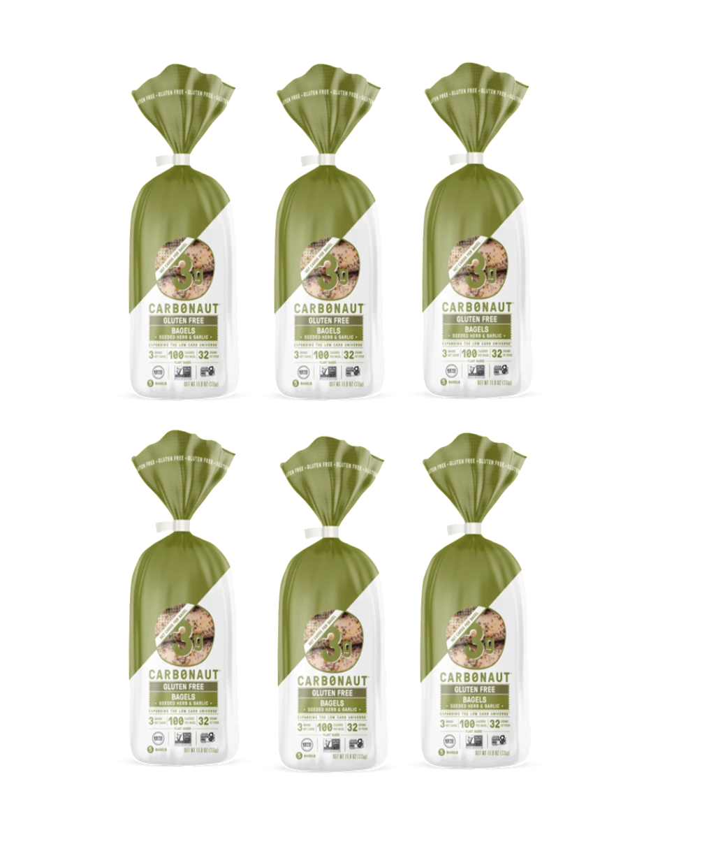 Six packages of Carbonaut gluten-free bagels are displayed in a grid, each featuring a green top and a clear window showing the bagels inside, highlighting their nutritional information.