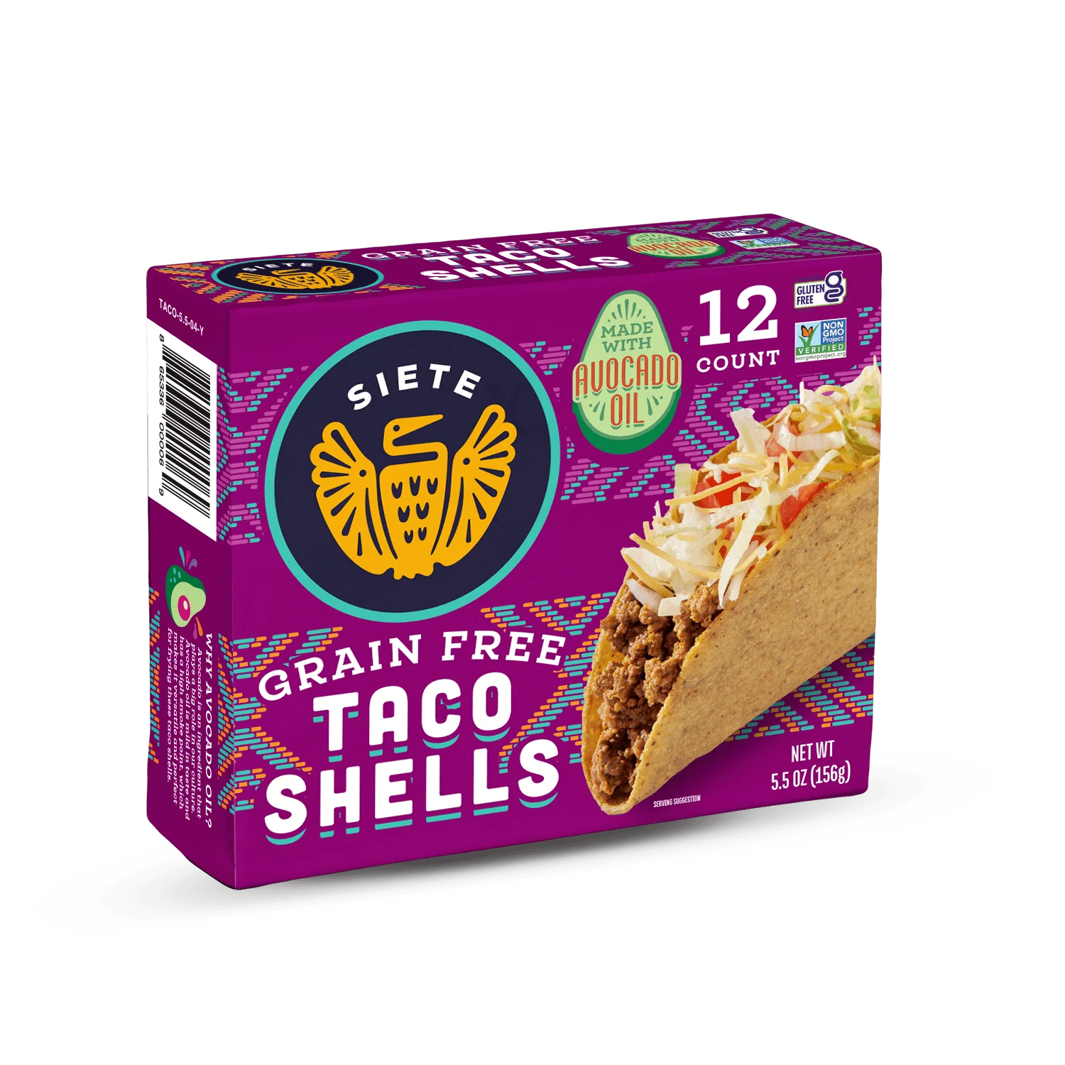A colorful box of Siete Grain Free Taco Shells displays a taco filled with meat and topped with lettuce, alongside a label indicating it's made with avocado oil and contains 12 shells.