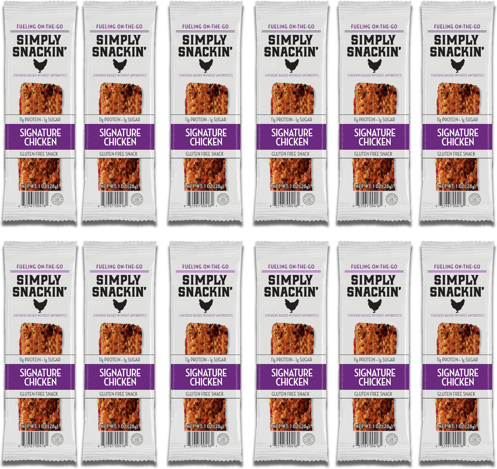 A grid of twelve individually packaged Simply Snackin' Signature Chicken protein snacks, featuring a white wrapper with purple text, highlighting that they are gluten-free and made without antibiotics.