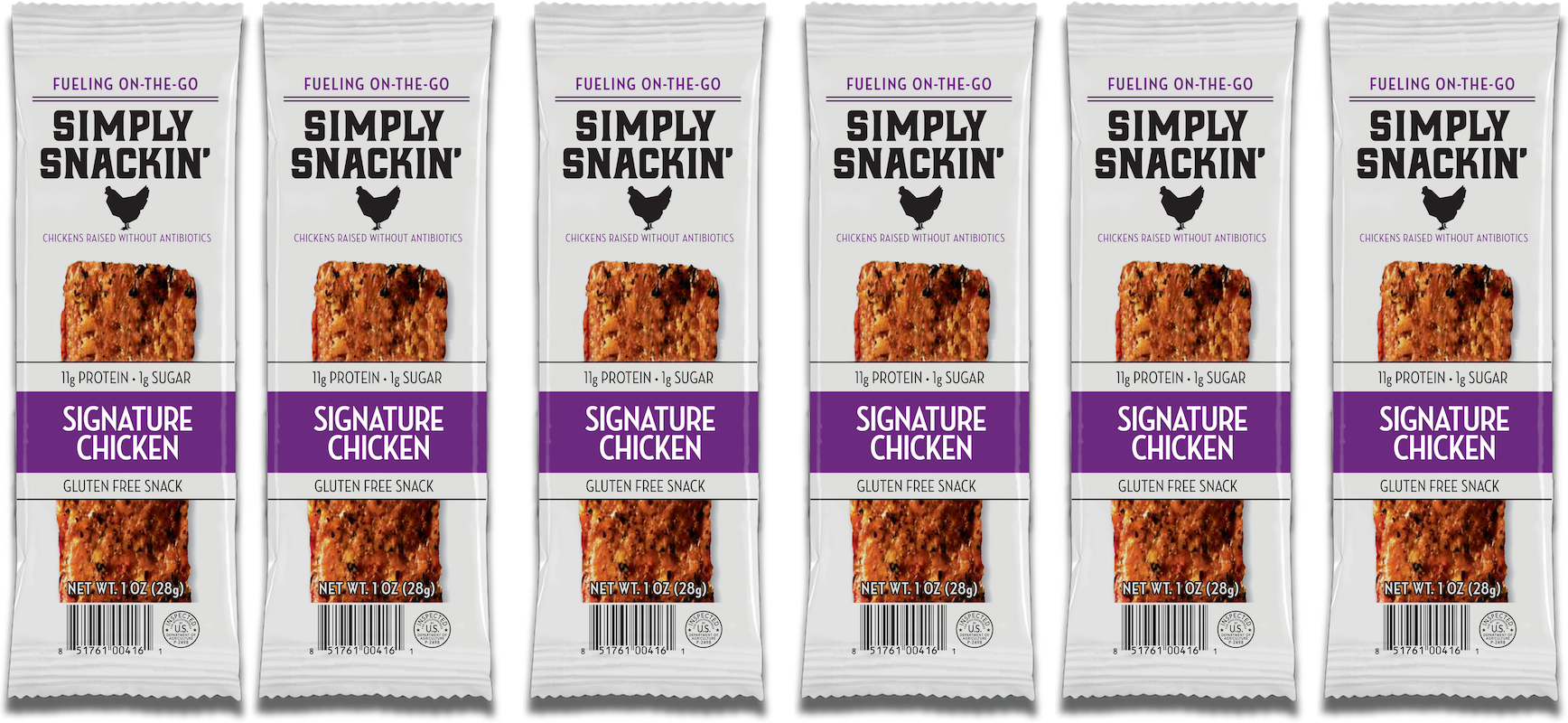 Six packages of Simply Snackin' Signature Chicken are displayed, each featuring a protein-rich snack bar with a purple label, emphasizing gluten-free ingredients and a convenient on-the-go design.