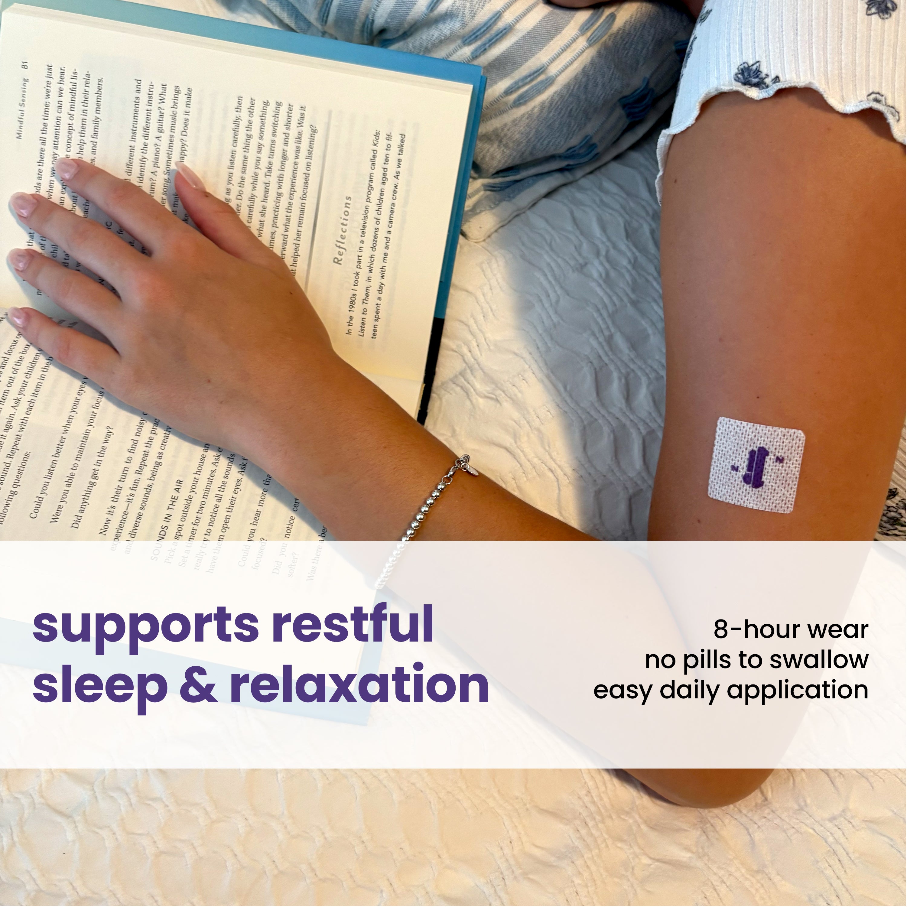 A hand rests on an open book while a patch on the arm promotes restful sleep and relaxation, with text highlighting its 8-hour wear and easy application.
