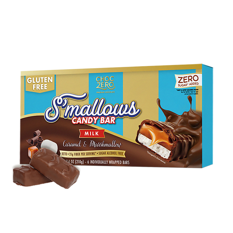 A box of ChocZero S'mallows candy bars features a milk chocolate coating with caramel and marshmallow filling, labeled as gluten-free and keto-friendly, with two bars displayed in front.