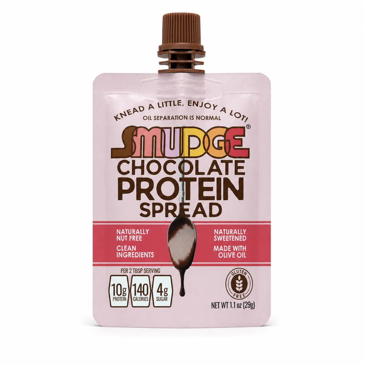 A pink pouch of Smudge Chocolate Protein Spread features a spoon dripping with the spread, highlighting its clean ingredients, protein content, and gluten-free label.