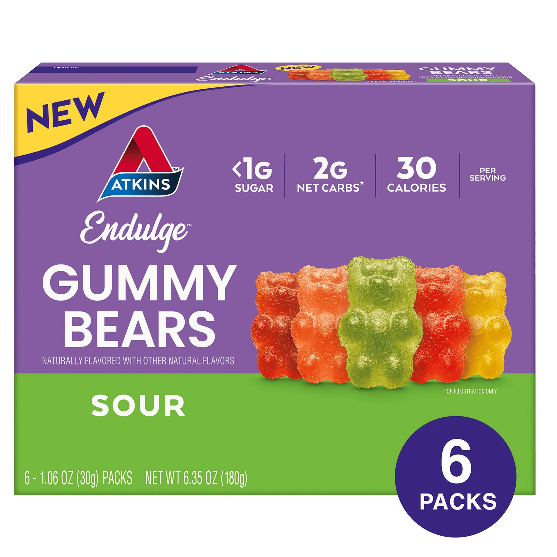 A colorful box of Atkins Endulge Sour Gummy Bears displays six packs, featuring gummy bears in various colors, with labels highlighting low sugar, low net carbs, and calorie content.