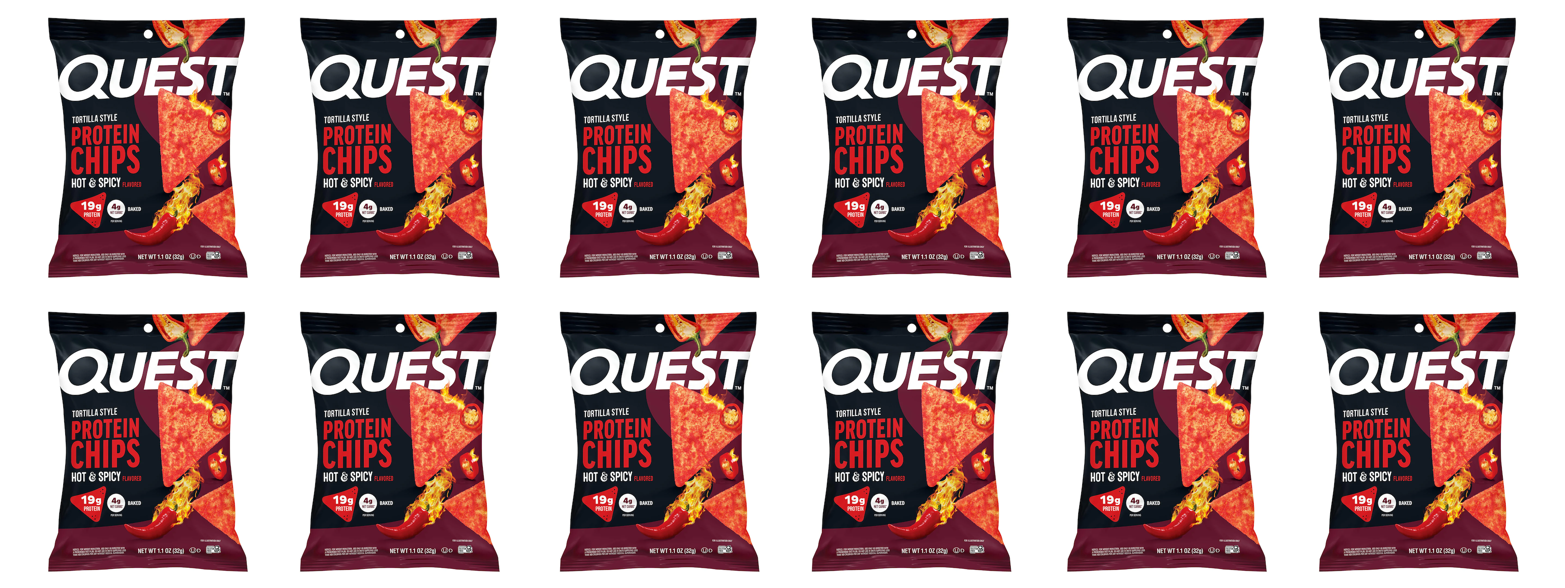 A grid of 12 identical bags of Quest Tortilla Style Protein Chips, featuring a hot and spicy flavor, prominently displays nutritional information and a vibrant design with red and yellow accents.