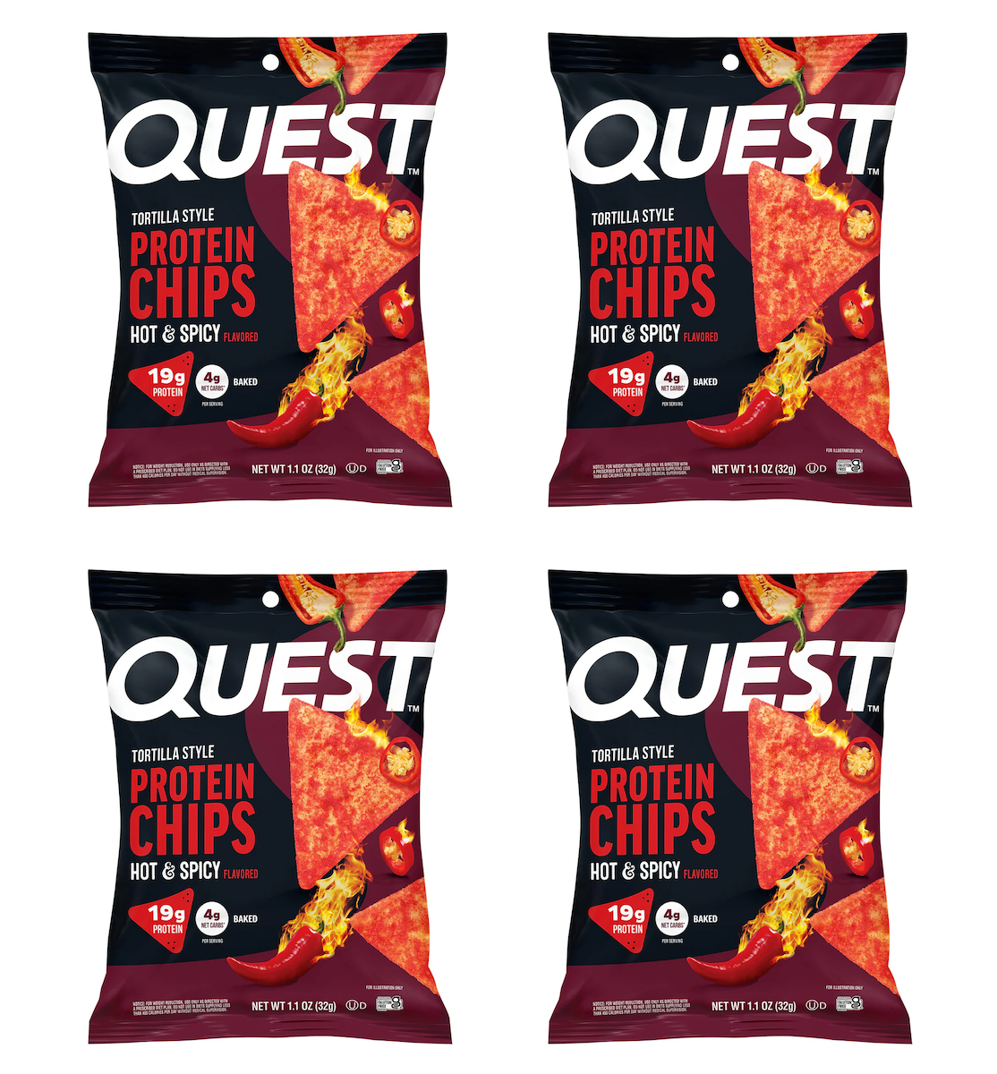 Four bags of Quest Tortilla Style Protein Chips in Hot & Spicy flavor are displayed, each featuring a red and black design with images of chili peppers and flames, highlighting 19 grams of protein per serving.