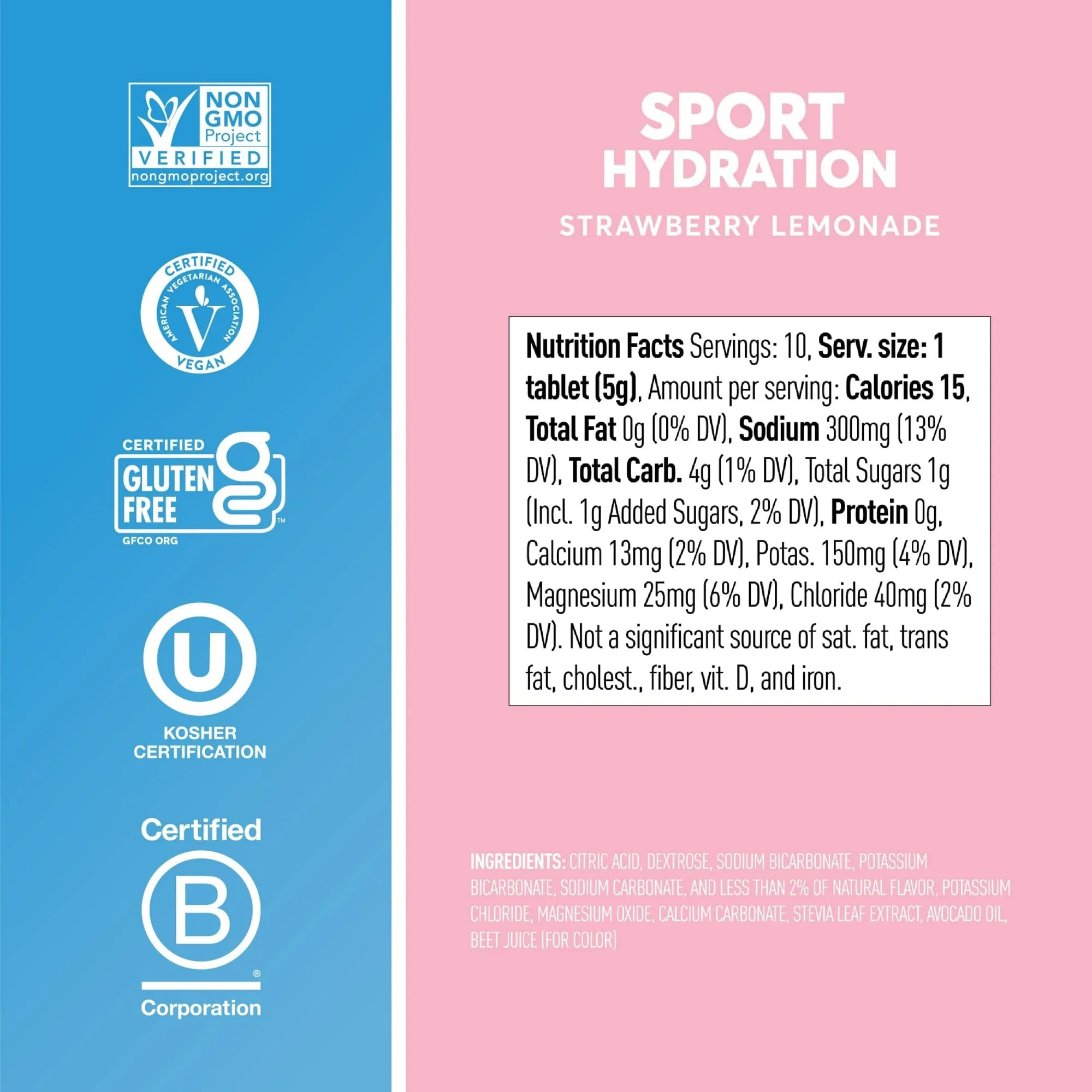Nutrition label for "Sport Hydration" Strawberry Lemonade, detailing servings, calories, and nutrient content, with certifications for non-GMO, vegan, gluten-free, and kosher.