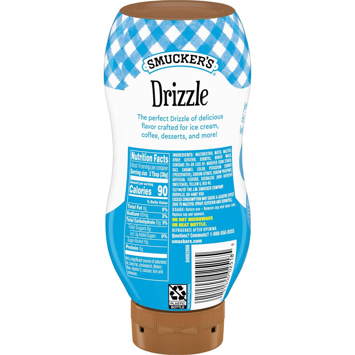 A plastic bottle of Smucker's Drizzle features a blue and white checkered label, highlighting its use for ice cream, coffee, and desserts, with nutrition facts displayed on the side.