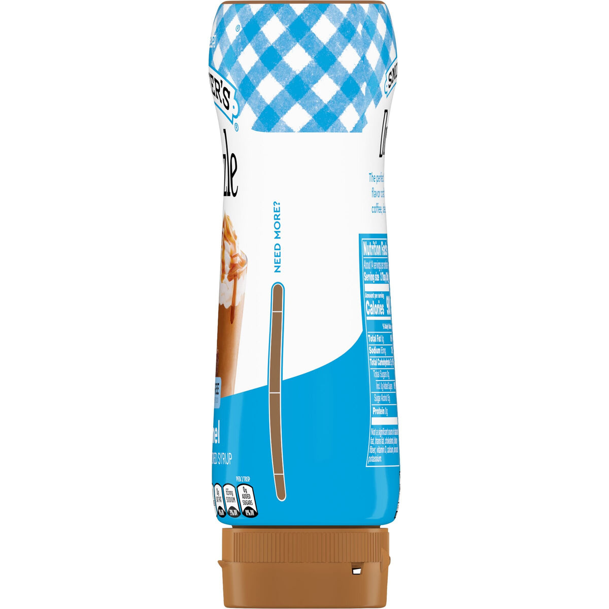 A bottle of caramel-flavored coffee syrup features a blue and white checkered cap, a transparent section to view the syrup level, and nutritional information on the side.