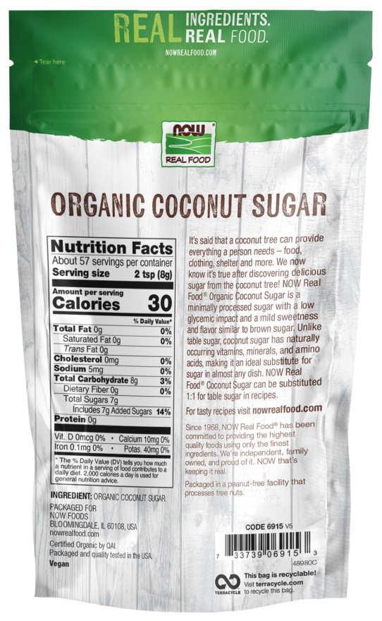 A resealable bag of NOW Real Food Organic Coconut Sugar displays nutritional information and serving suggestions, emphasizing its natural sweetness and versatility in cooking and baking.