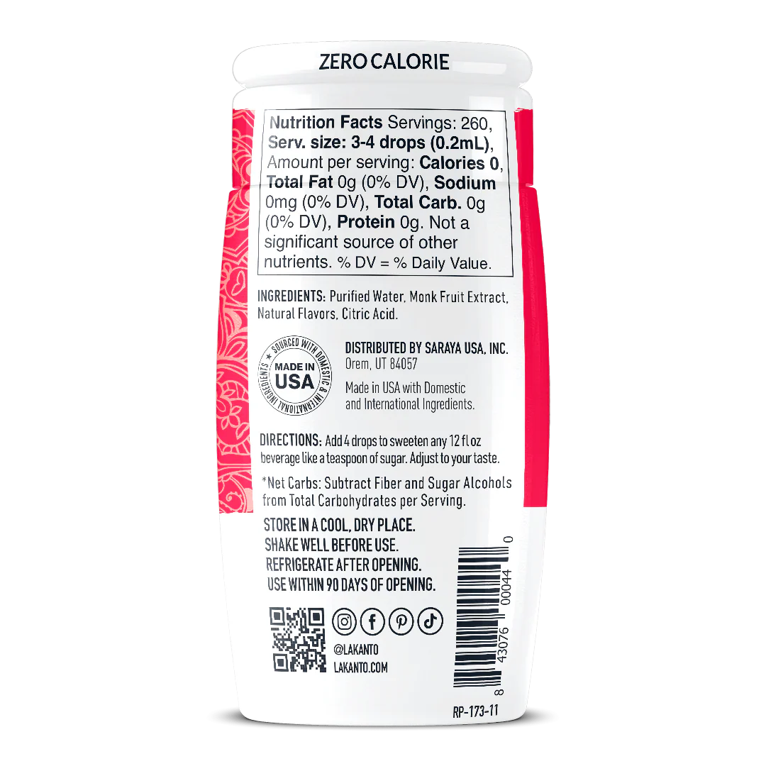 A bottle of zero-calorie liquid sweetener displays nutrition facts, ingredients, and usage instructions, emphasizing its monk fruit extract and suitability for beverages.