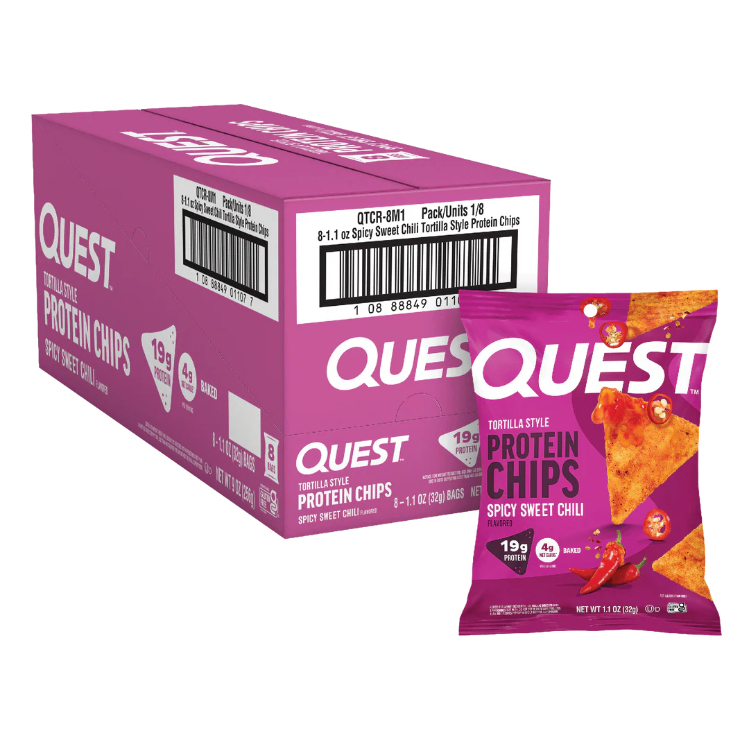 A box of Quest Spicy Sweet Chili Protein Chips, featuring a single bag in front, highlights the product's protein content and flavor, set against a vibrant pink background.