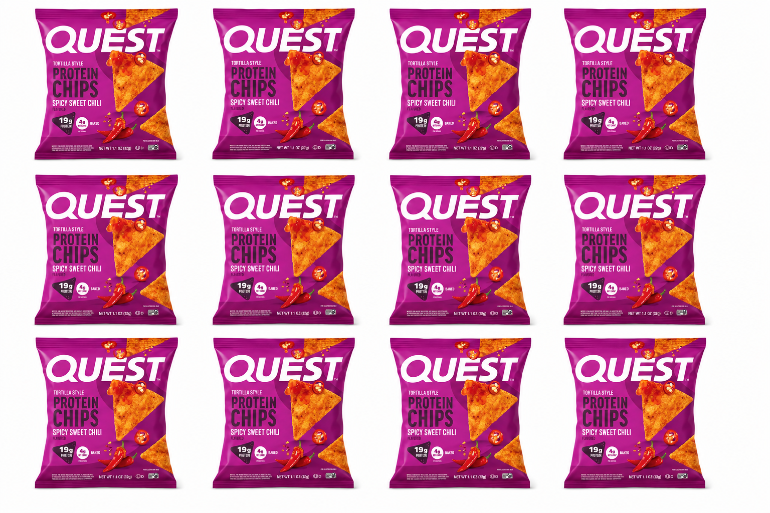 Twelve bags of Quest Tortilla Style Protein Chips in Spicy Sweet Chili flavor are arranged in a grid, each displaying vibrant purple packaging with nutritional information and a chip graphic.