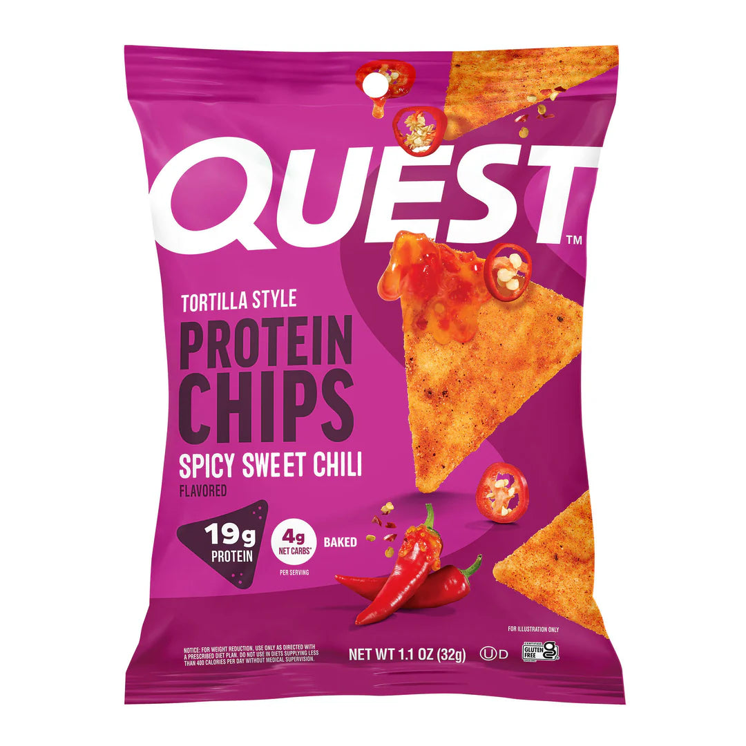 A vibrant purple bag of Quest Tortilla Style Protein Chips features a spicy sweet chili flavor, showcasing triangular chips with chili peppers and sauce, highlighting 19 grams of protein per serving.