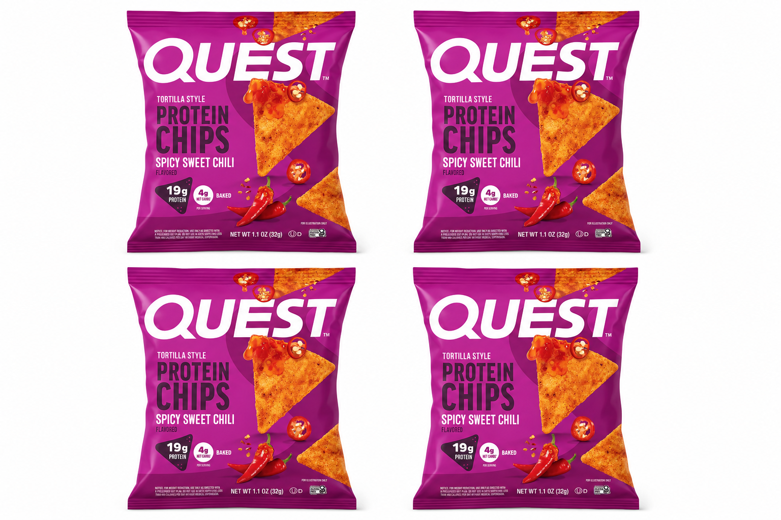 Four bags of Quest Tortilla Style Protein Chips in Spicy Sweet Chili flavor, featuring vibrant purple packaging, display images of chips and chili peppers, highlighting 19g of protein per serving.