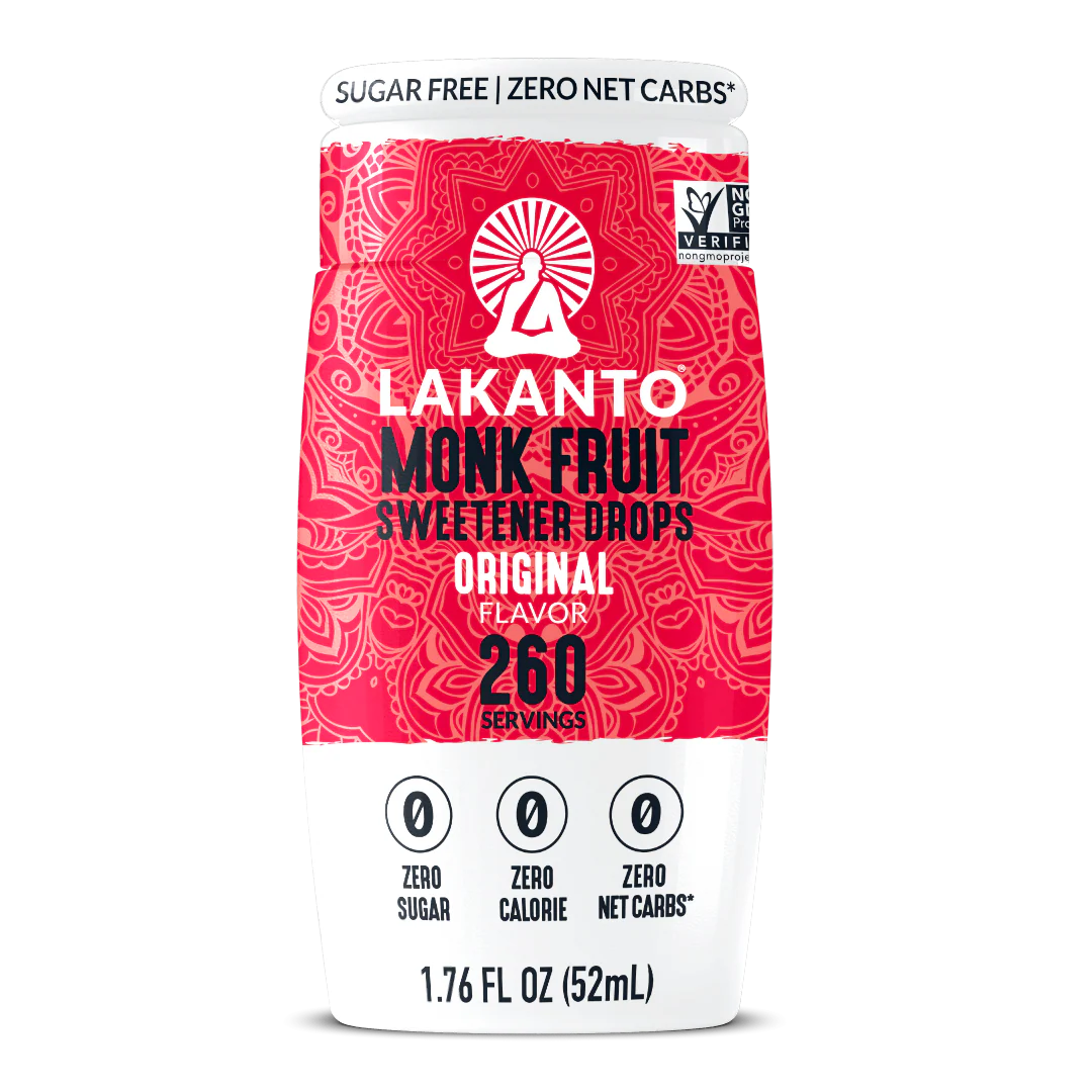 A bottle of Lakanto Monk Fruit Sweetener Drops in original flavor, featuring a vibrant red design, highlights zero sugar, zero calories, and provides 260 servings, with a volume of 1.76 fluid ounces.