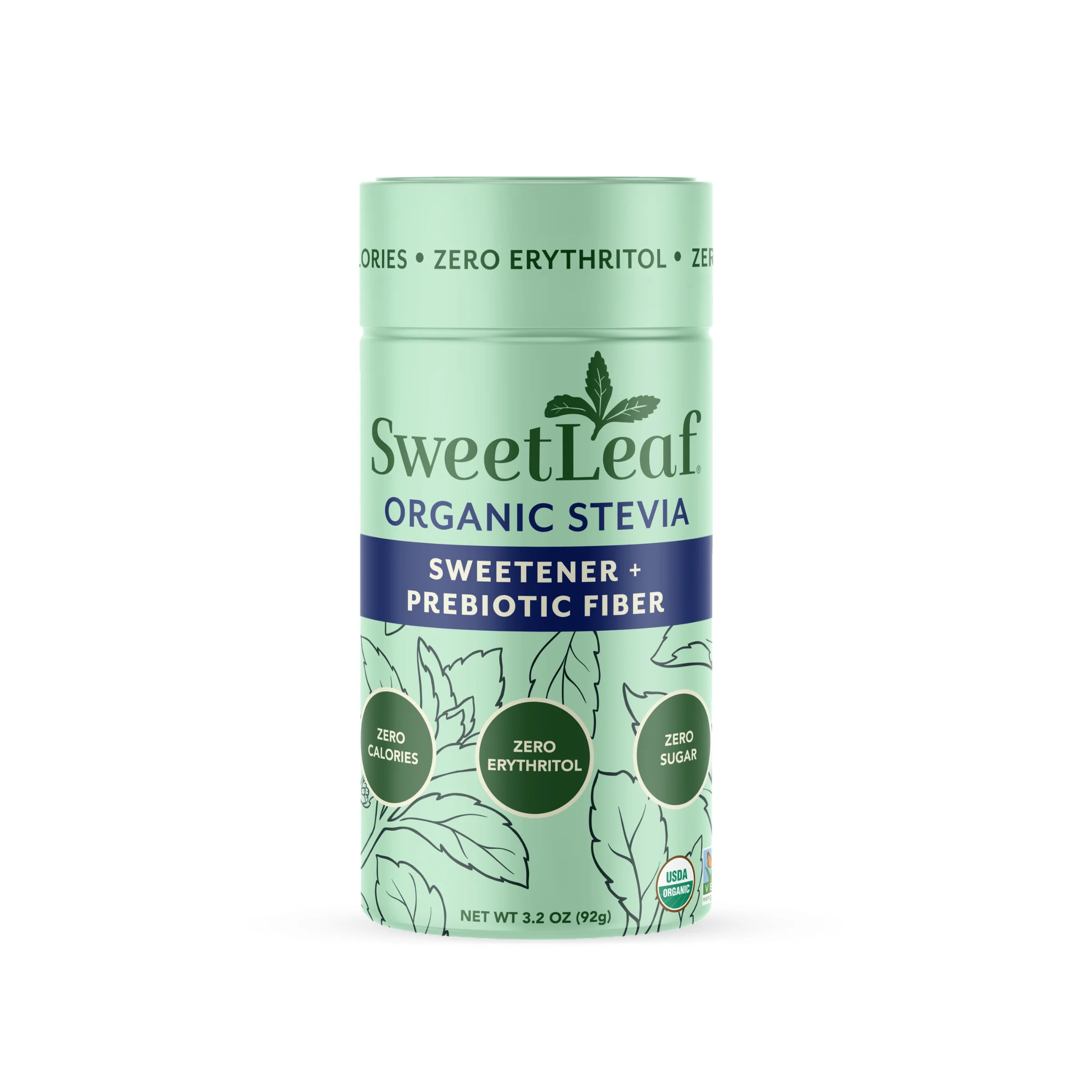 A green container of SweetLeaf Organic Stevia sweetener, labeled with "Sweetener + Prebiotic Fiber," highlights features like zero calories, zero erythritol, and zero sugar, set against a light background.