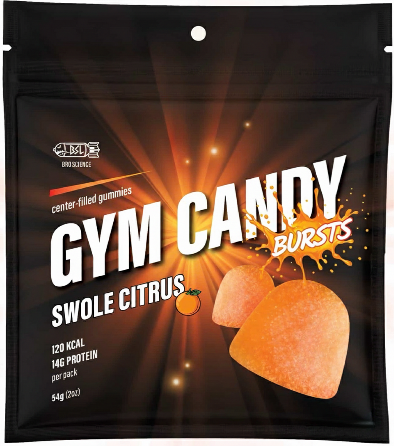 A black packaging featuring "GYM CANDY BURSTS" in bold white letters, with an orange citrus illustration, highlights center-filled gummies with 120 calories and 14 grams of protein per pack.
