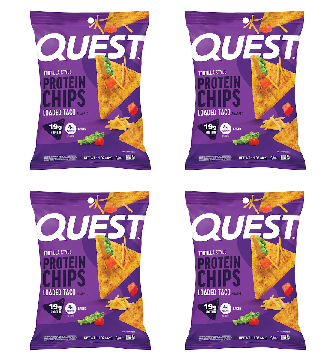 Four bags of Quest Tortilla Style Protein Chips in Loaded Taco flavor, each displaying vibrant packaging with a taco chip, vegetables, and nutritional information highlighting 19g of protein per serving.