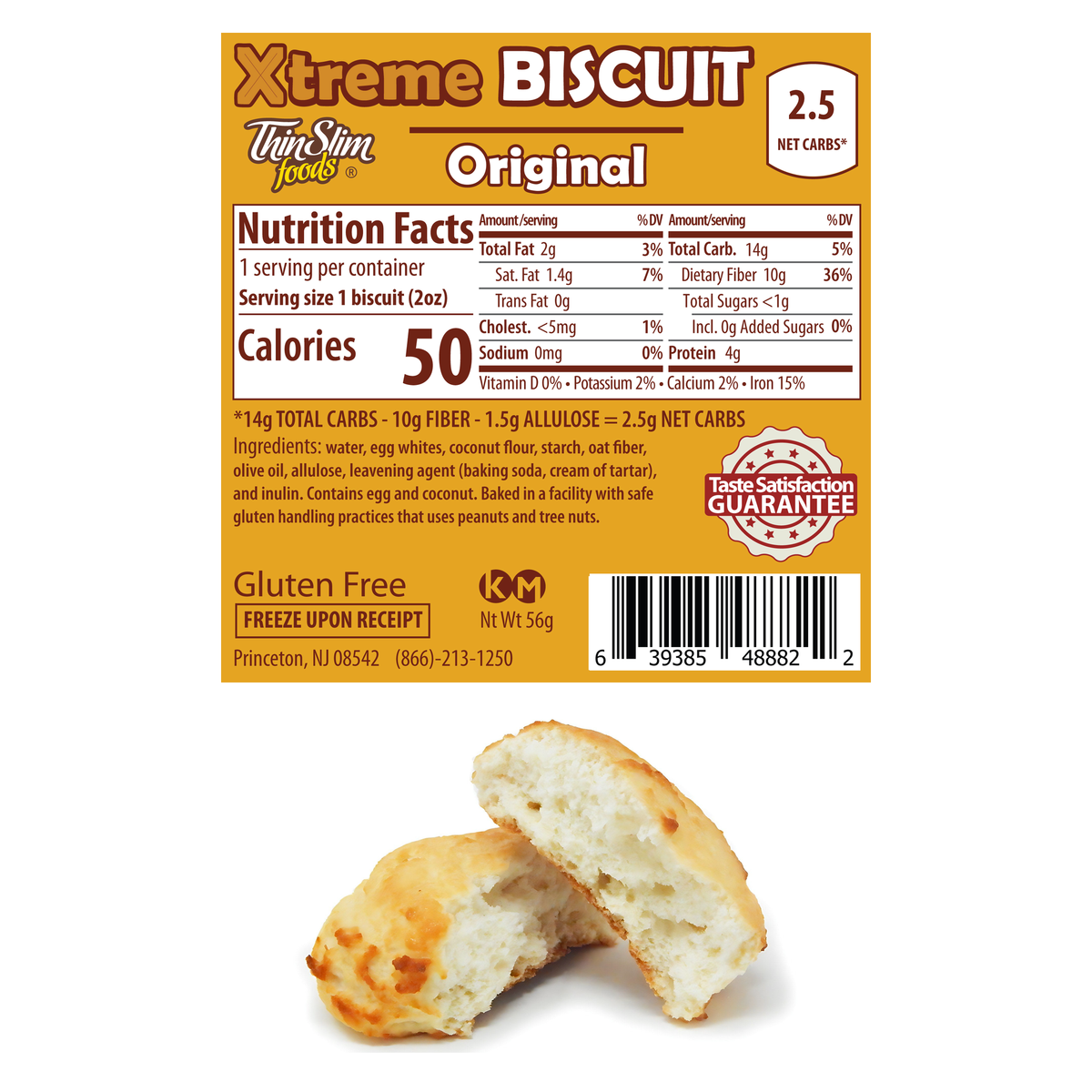 ThinSlim Foods Biscuit label above a biscuit split open to show its interior.