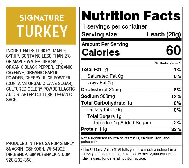 Nutrition facts label for "Signature Turkey," detailing serving size, calories, and nutrient content, including ingredients like turkey, maple syrup, and various spices.