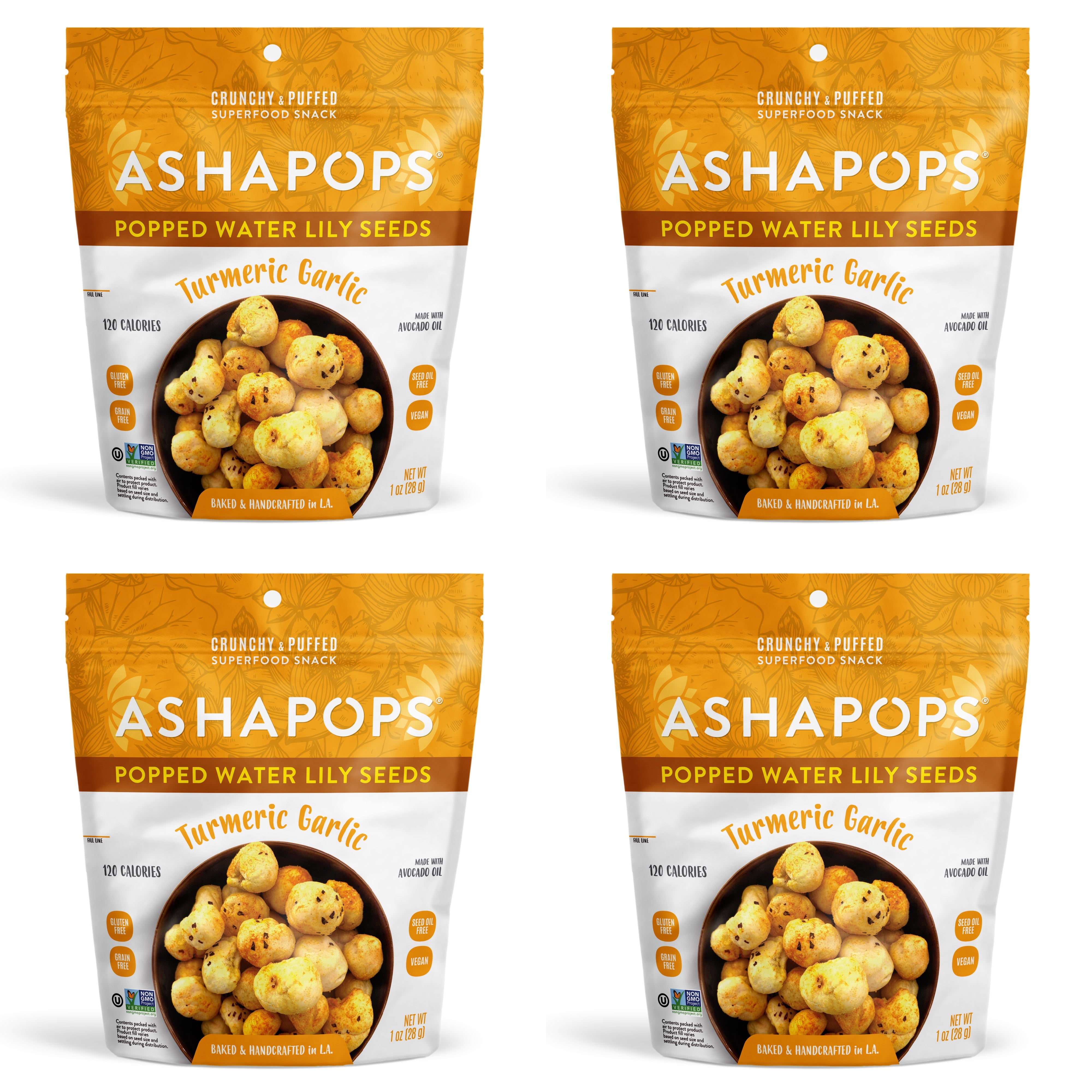 Four bags of ASHAPOPS popped water lily seeds in turmeric garlic flavor are displayed, showcasing the snack's crunchy texture and vibrant packaging with nutritional information and branding.