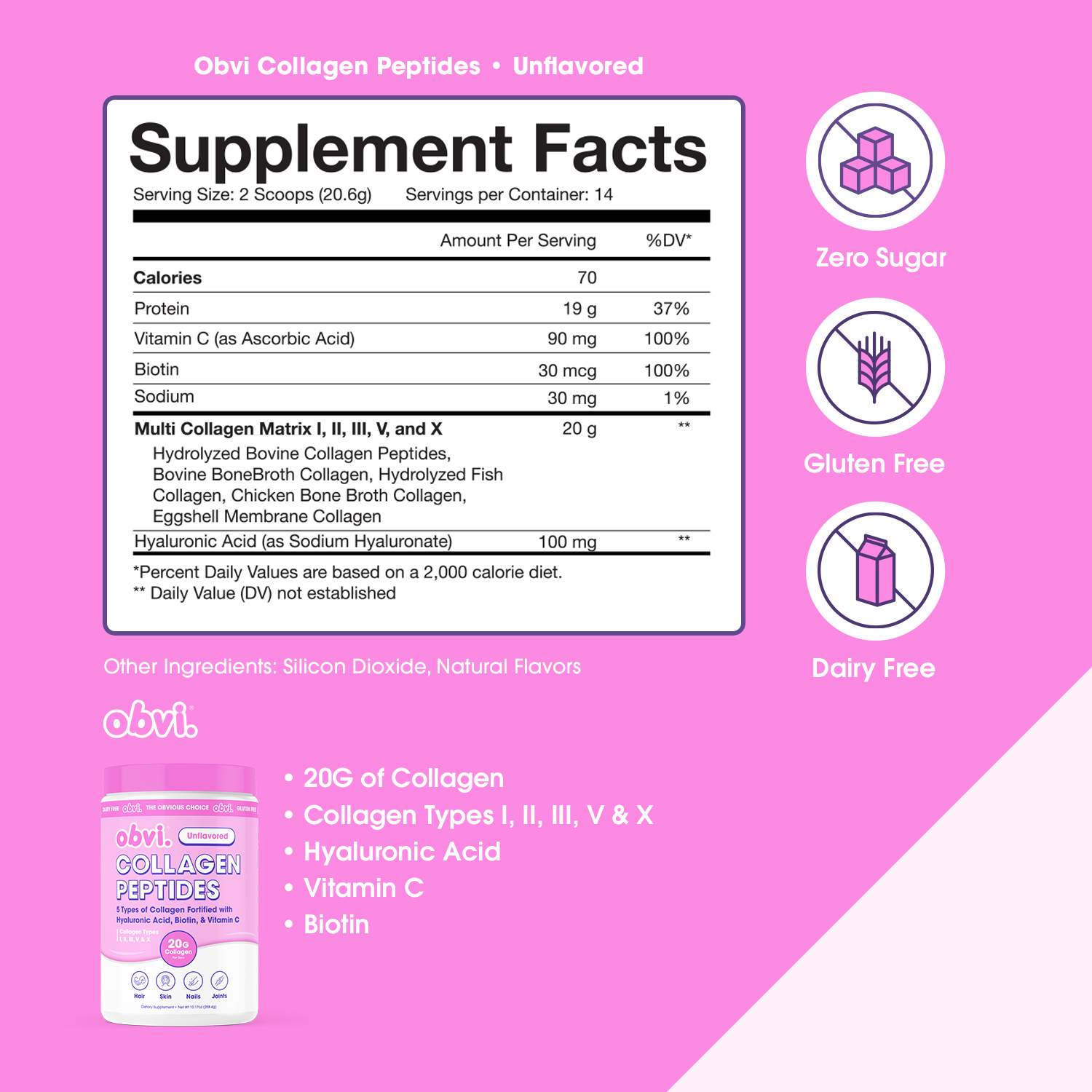 Obvi Collagen Peptides - 5 Types of Collagen-Fortified with Hyaluronic Acid, Biotin, & Vitamin C