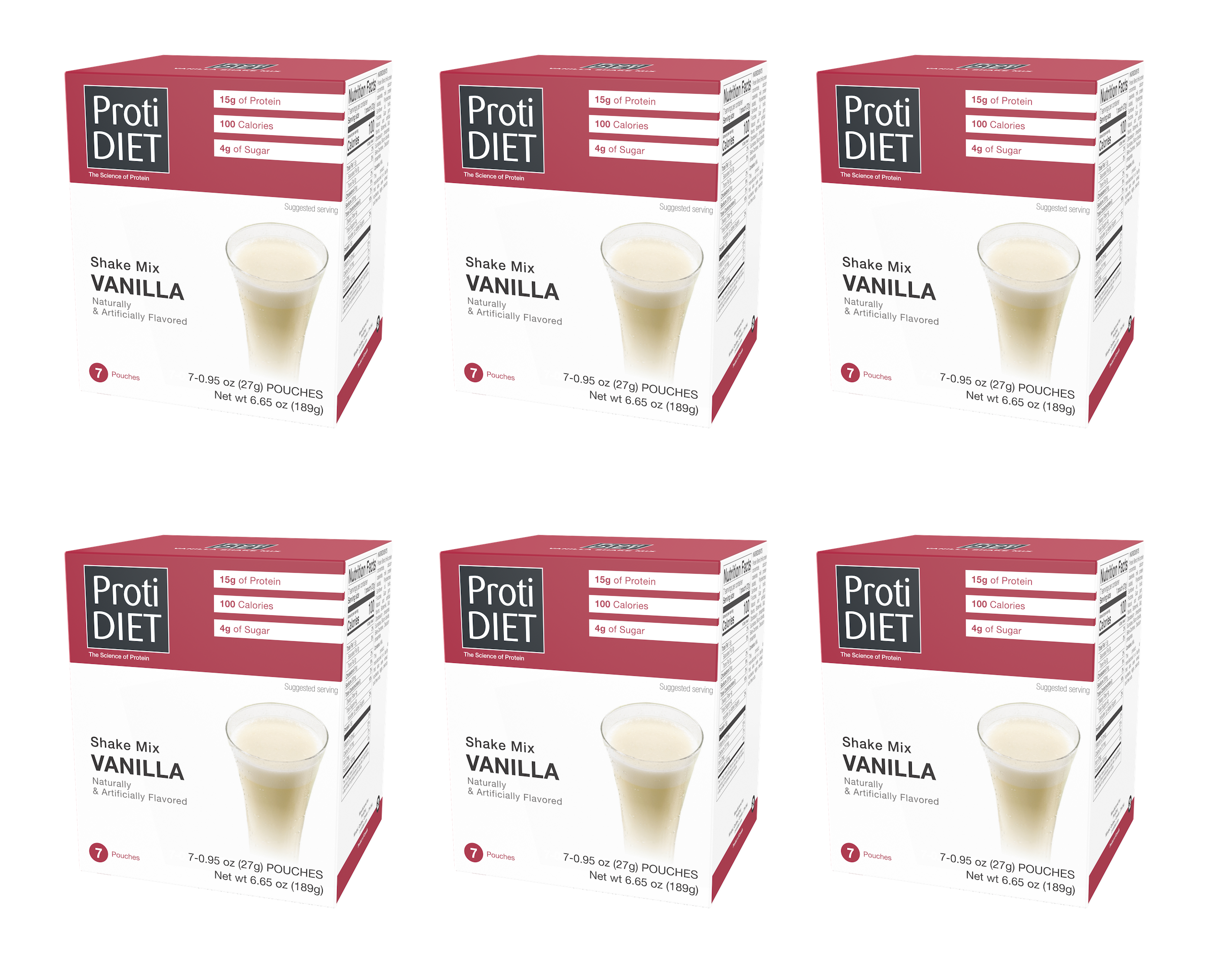 Six boxes of ProtiDiet Vanilla Shake Mix are displayed, each showing a glass of creamy shake, highlighting 15 grams of protein, 100 calories, and 4 grams of sugar per serving.